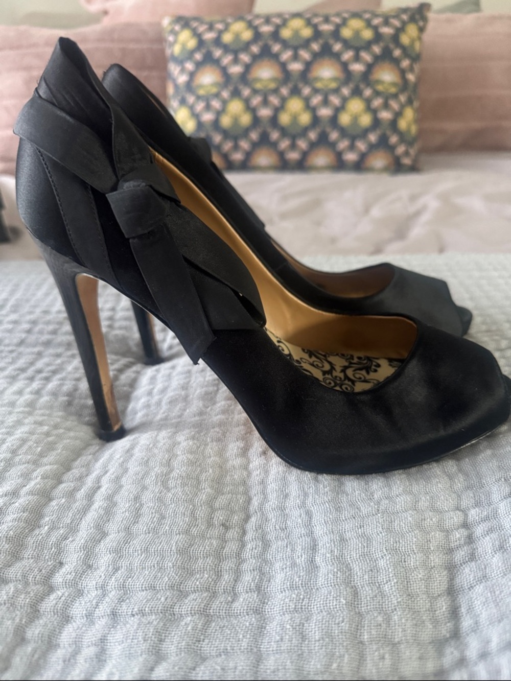 Badgley Mischka Black Satin Peep-Toe Stiletto Pumps with Bow Detail